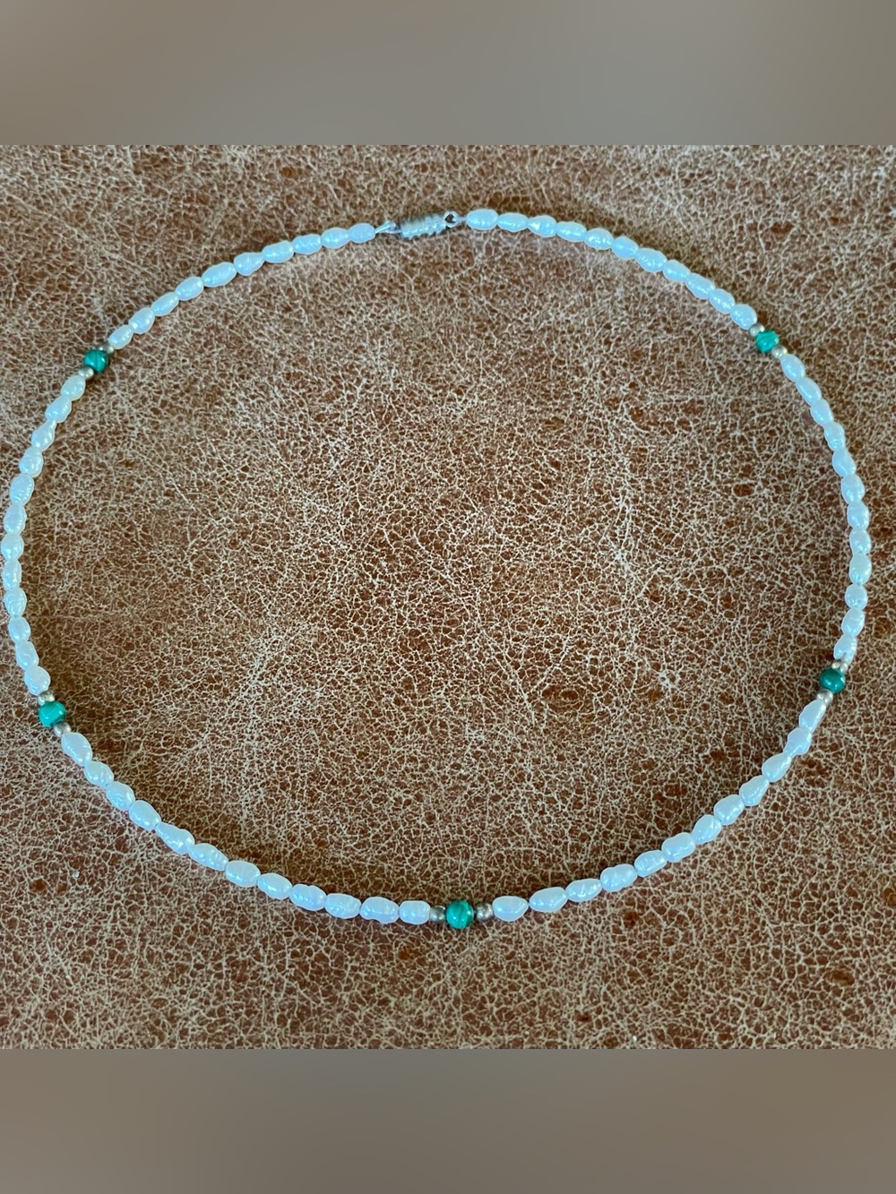 Vintage Freshwater Rice Pearls with Green Malachite Beads Choker Necklace